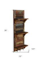 34" Brown And Multi Patina Reclaimed Wood Wall Mounted Shelf With Hooks