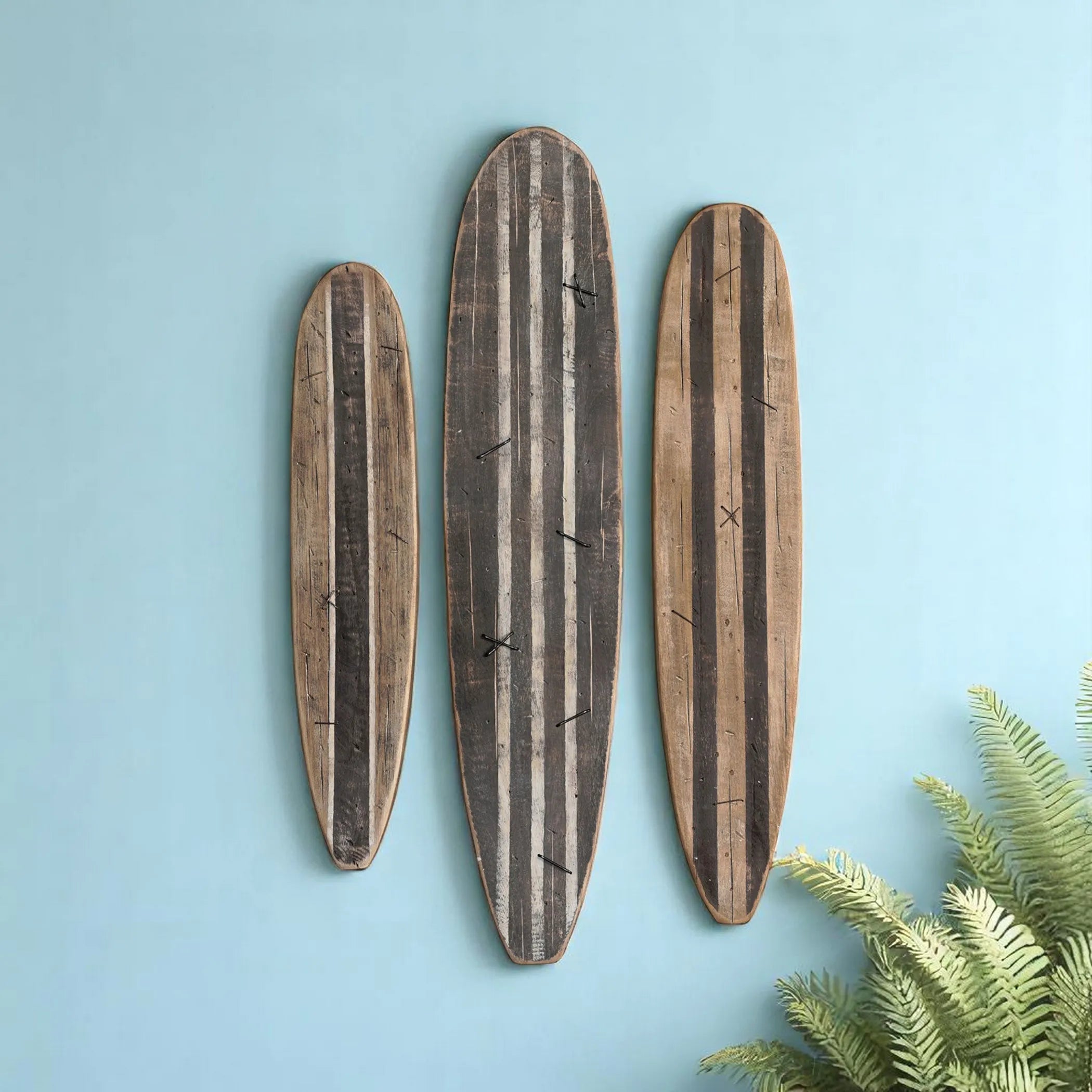 Set of Three Brown Black And Natural Distressed Solid Wood Surfboard Hanging Dimensional Sculptures