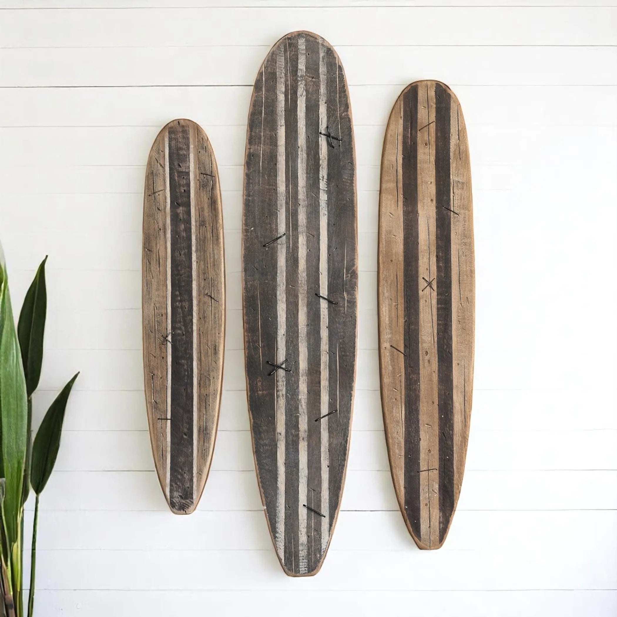 Set of Three Brown Black And Natural Distressed Solid Wood Surfboard Hanging Dimensional Sculptures
