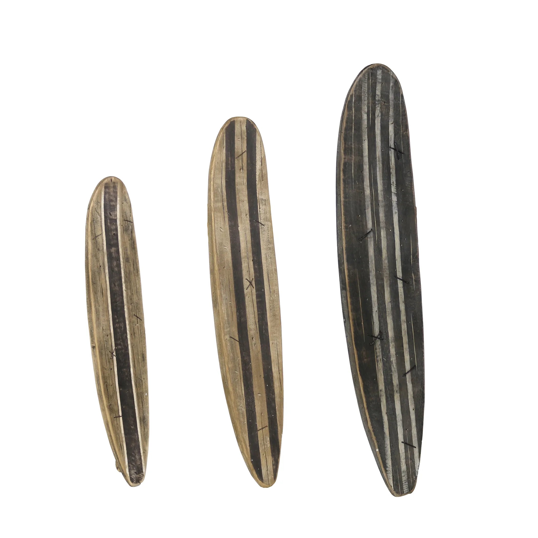 Set of Three Brown Black And Natural Distressed Solid Wood Surfboard Hanging Dimensional Sculptures