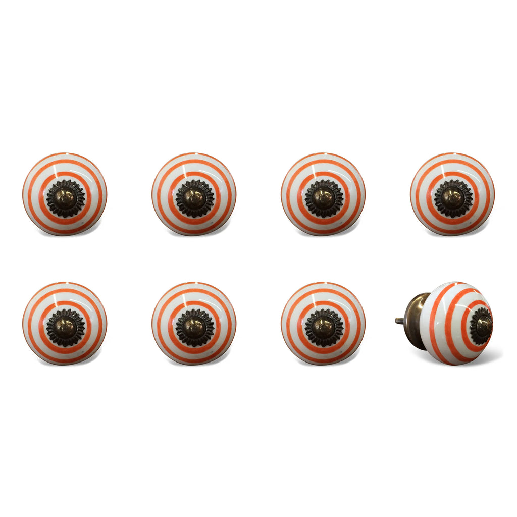 Set of Eight Orange And White Ceramic And Metal Drawer Pull Knobs