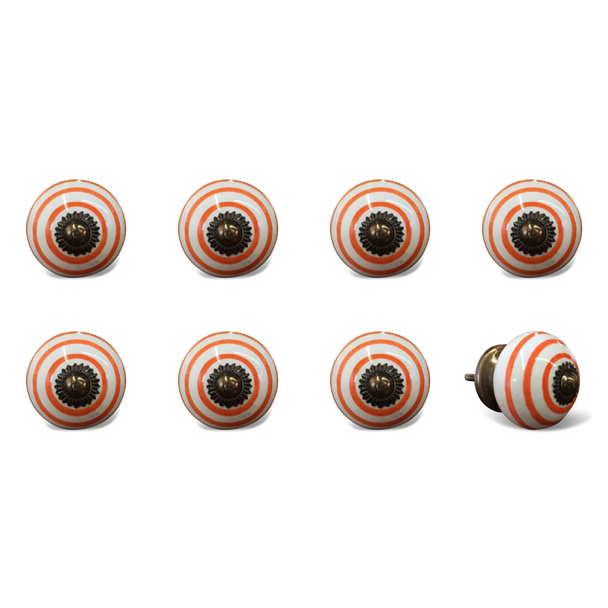 Set of Eight Orange And White Ceramic And Metal Drawer Pull Knobs