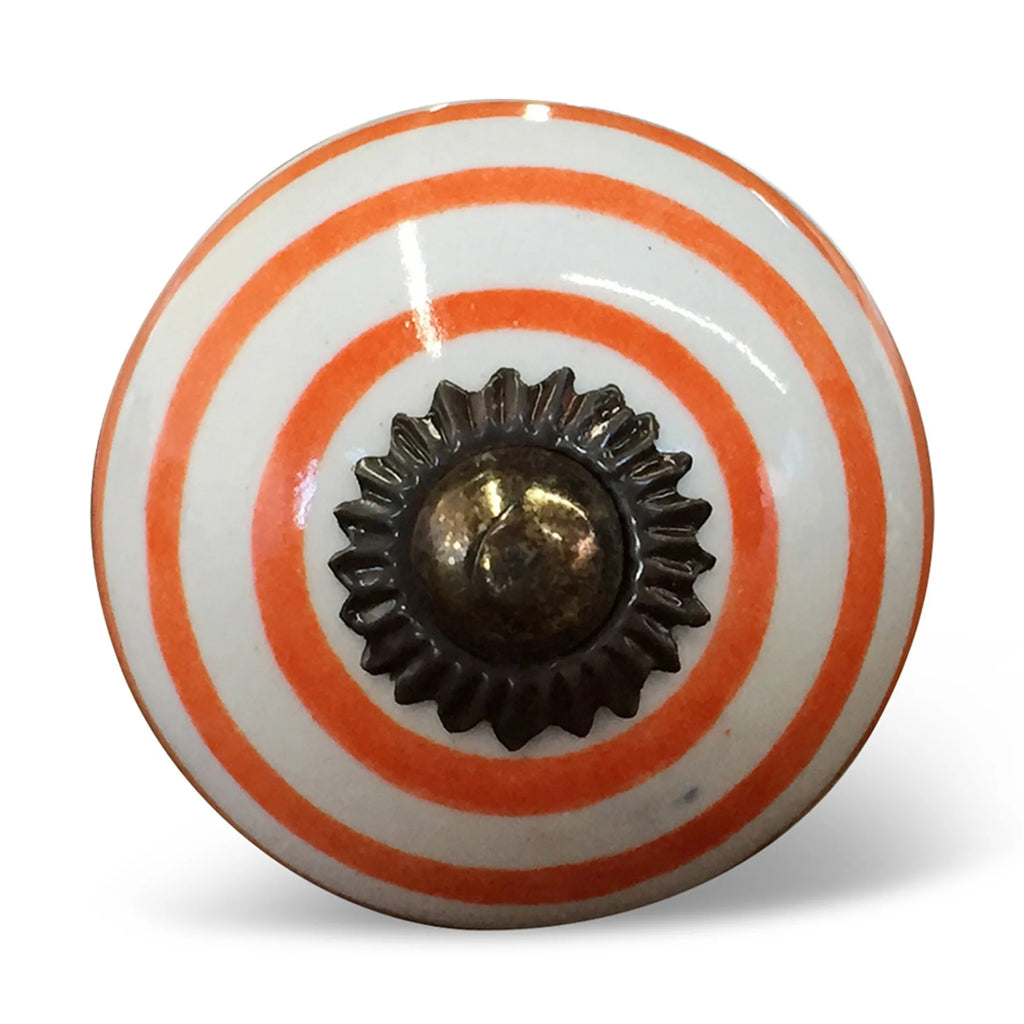 Set of Eight Orange And White Ceramic And Metal Drawer Pull Knobs