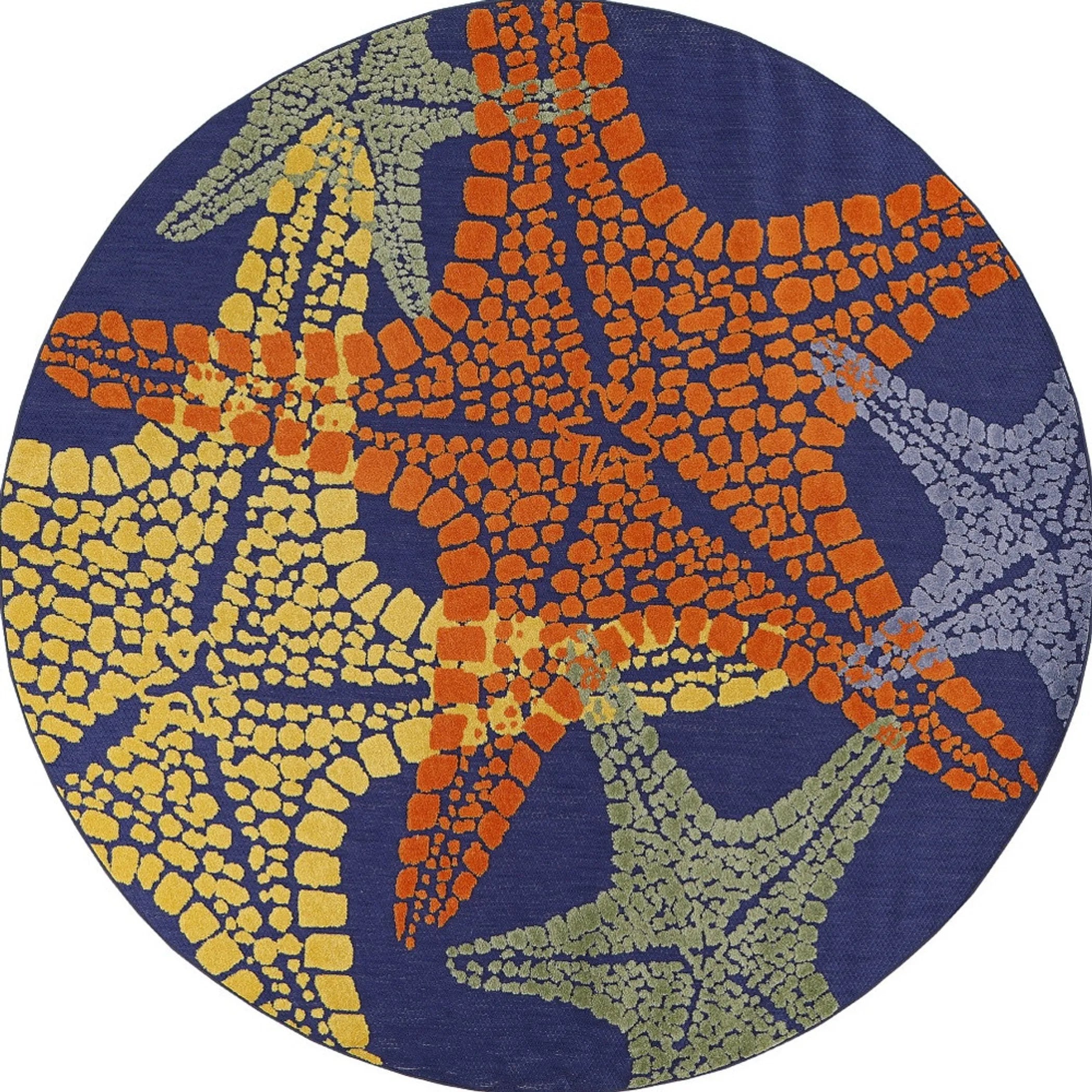 8' Blue Yellow And Orange Round Starfish Indoor Outdoor Area Rug