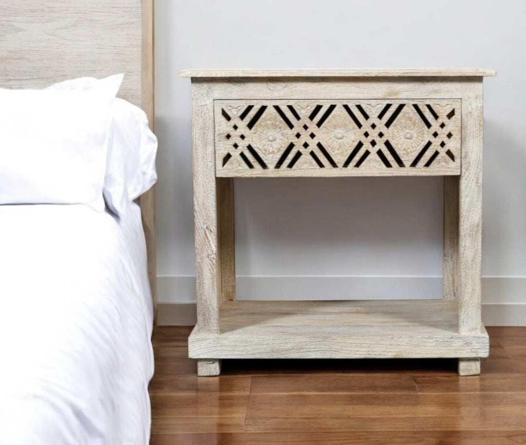 28" White Distressed Carved Geometric Solid Wood Nightstand