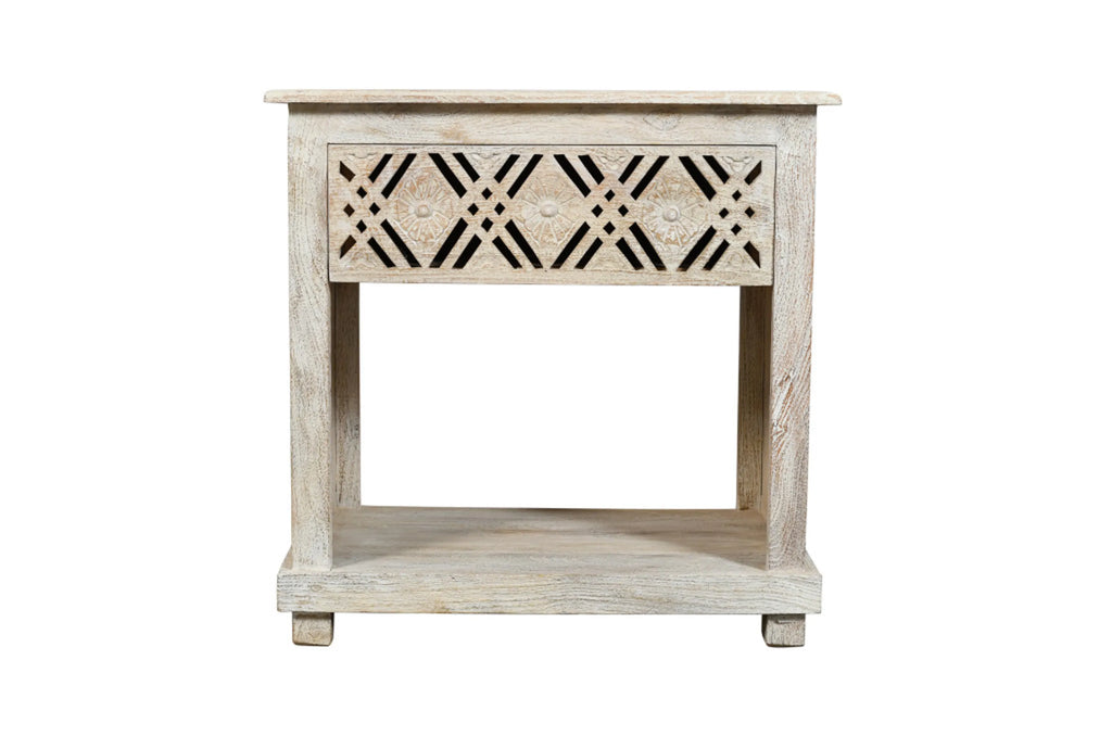 28" White Distressed Carved Geometric Solid Wood Nightstand