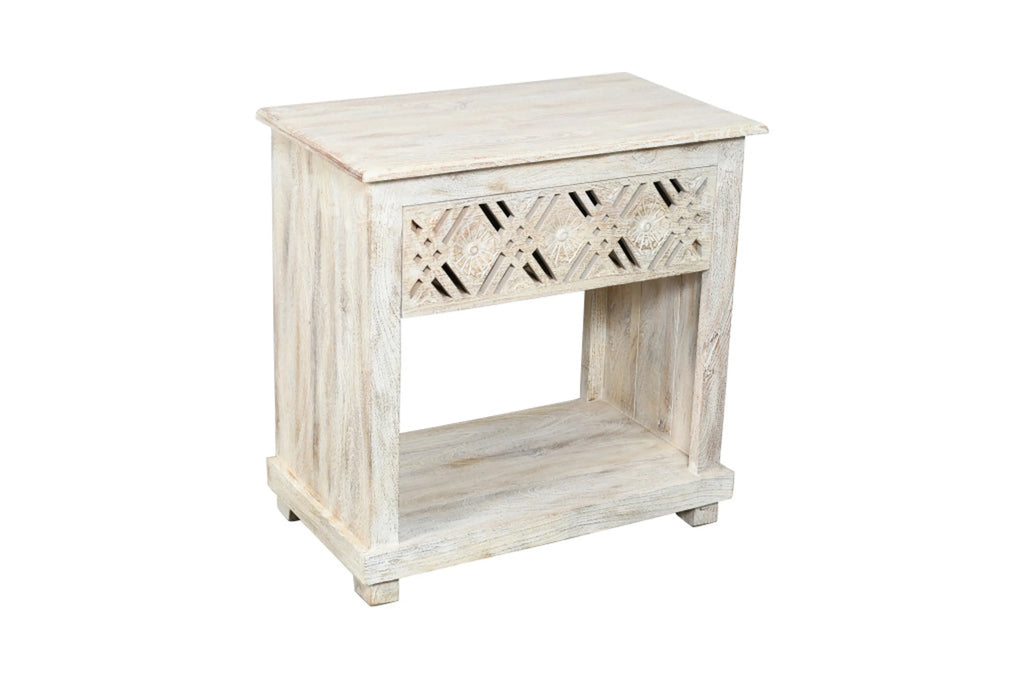 28" White Distressed Carved Geometric Solid Wood Nightstand