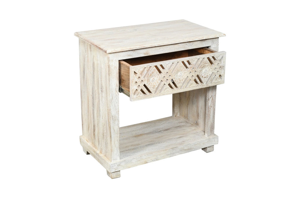 28" White Distressed Carved Geometric Solid Wood Nightstand