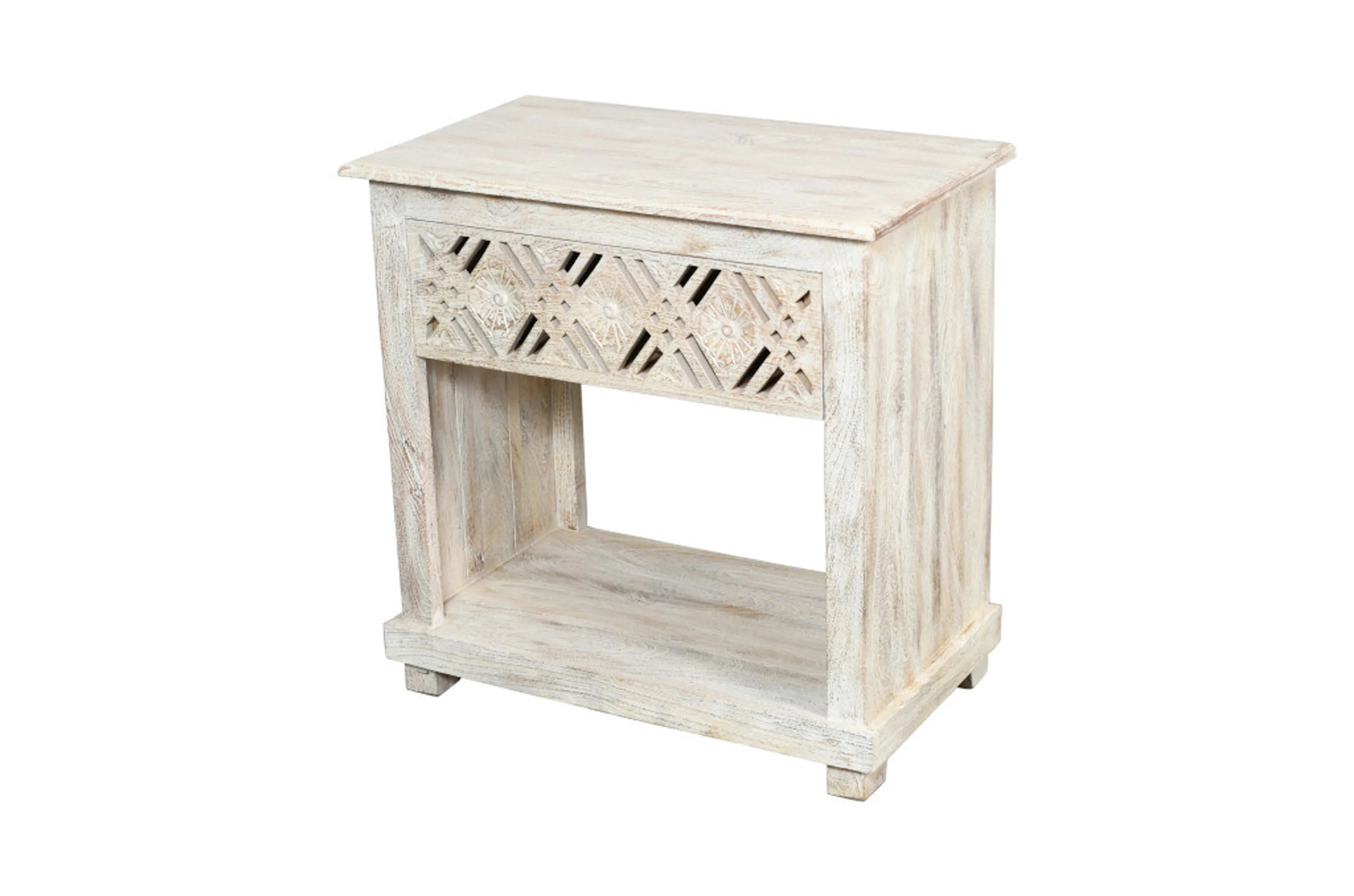 28" White Distressed Carved Geometric Solid Wood Nightstand