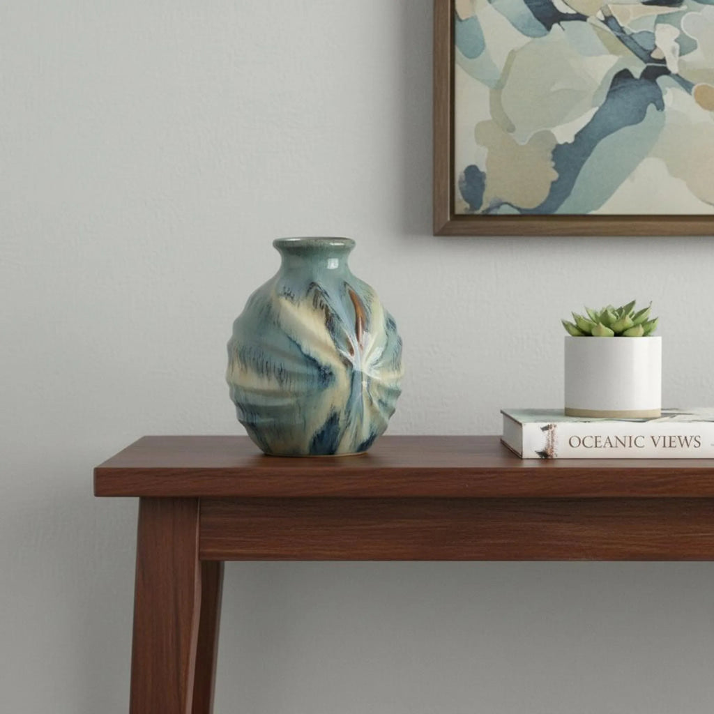 Beige And Brown Abstract Round Ceramic Table Vase