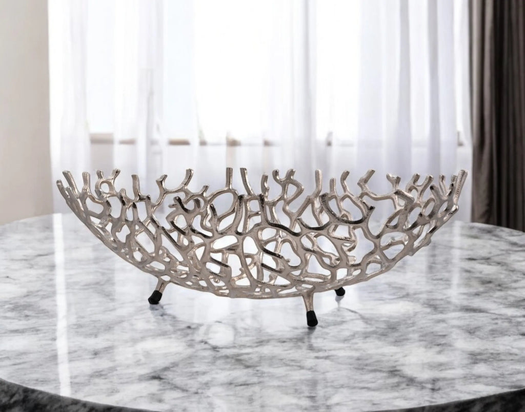 22" Silver Aluminum Faux Coral Oval Centerpiece Bowl