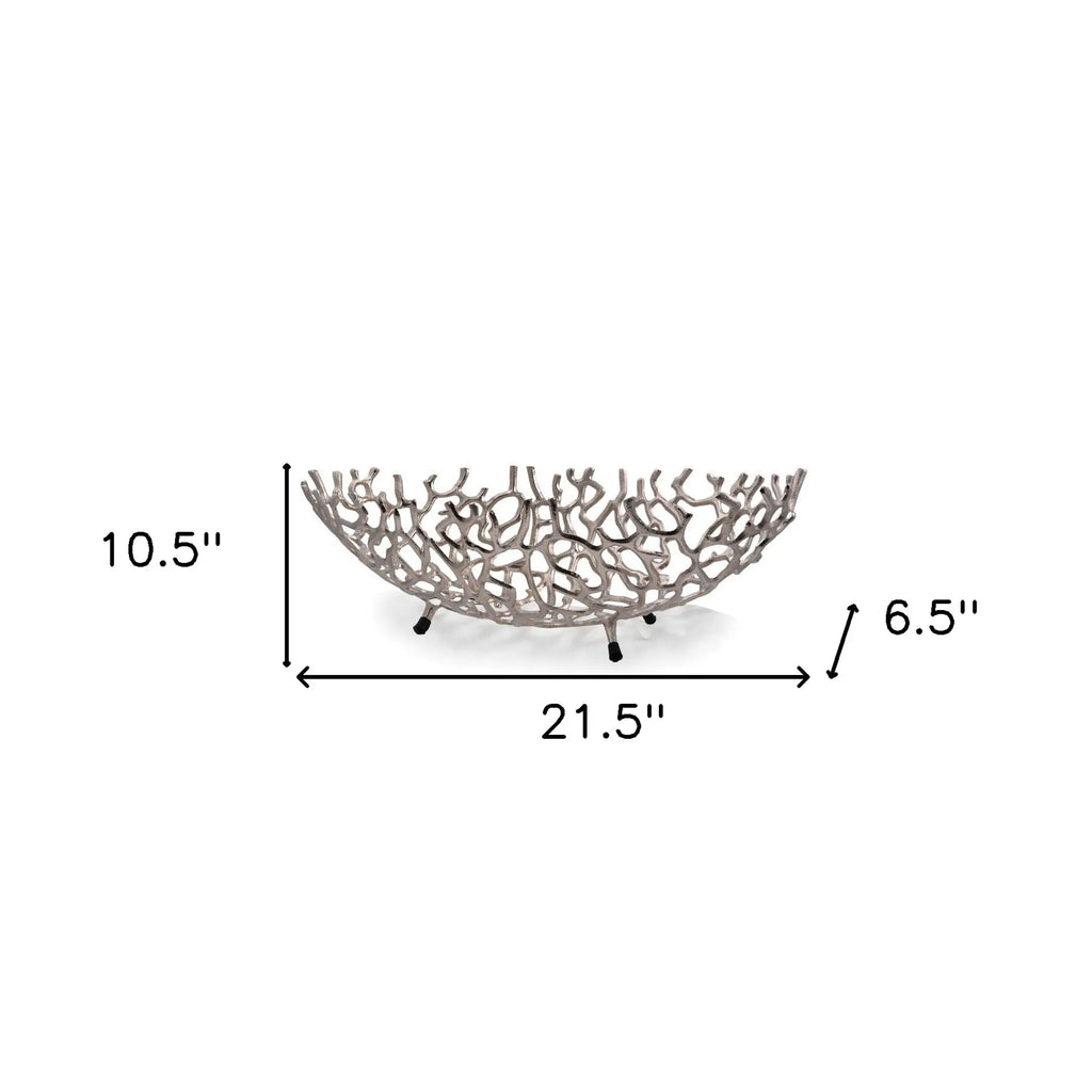 22" Silver Aluminum Faux Coral Oval Centerpiece Bowl