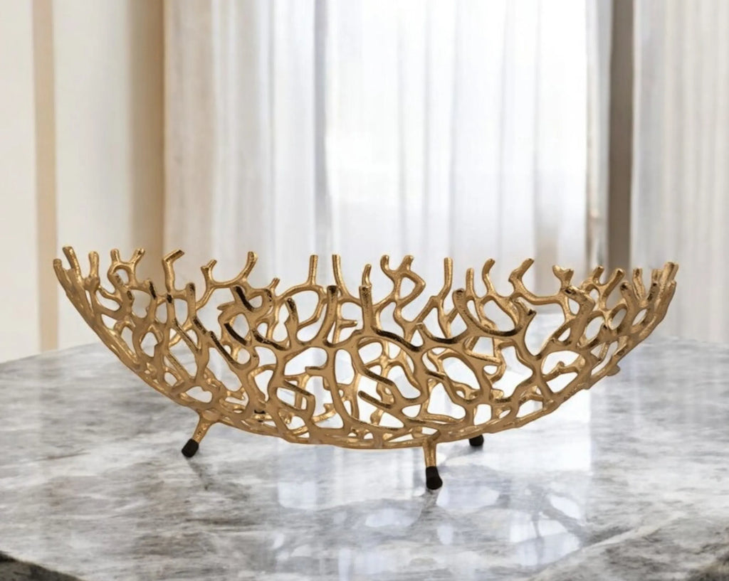22" Gold Aluminum Oval Faux Coral Centerpiece Bowl