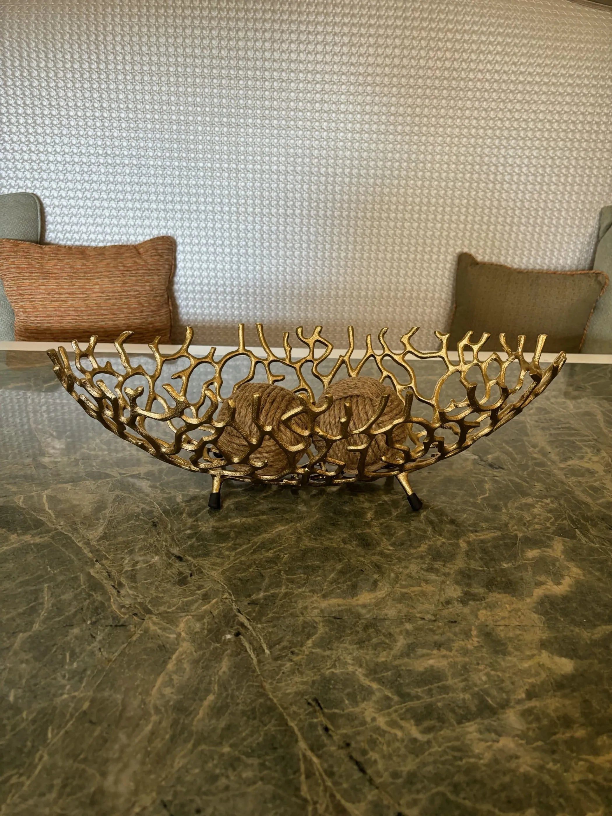 22" Gold Aluminum Oval Faux Coral Centerpiece Bowl