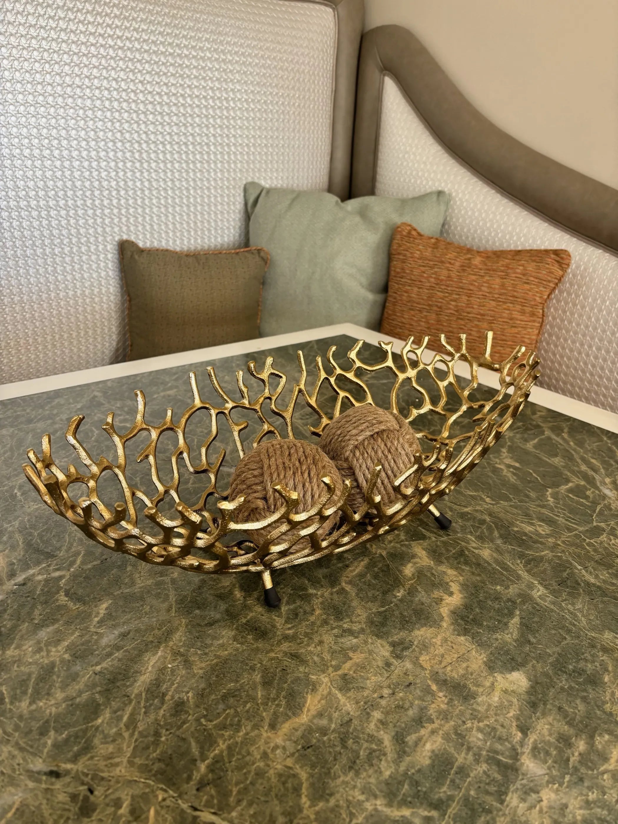 22" Gold Aluminum Oval Faux Coral Centerpiece Bowl