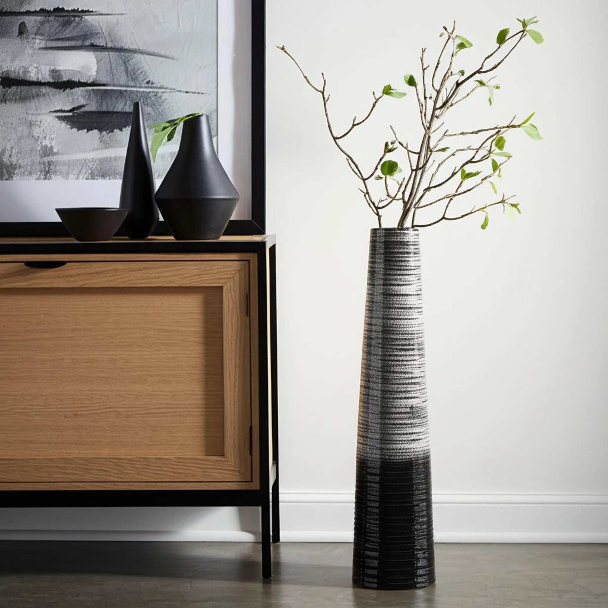 47" Black And Gray Ombre Tapered Ceramic Floor Vase