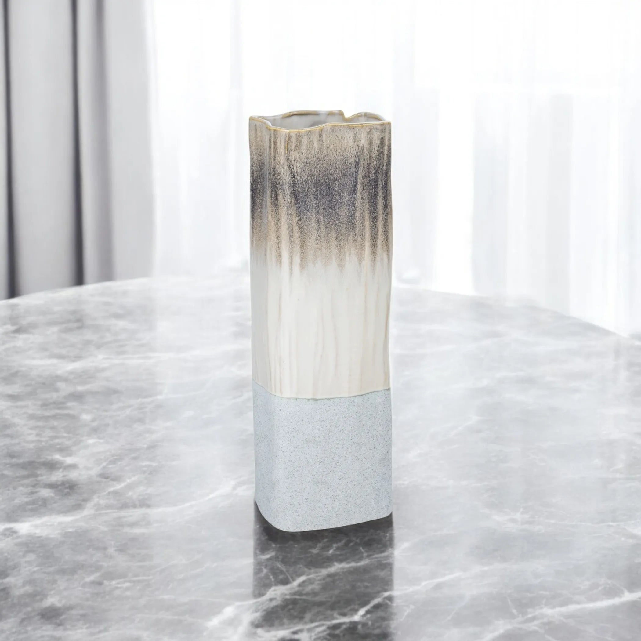 16" Brown Light Blue And Off White Color Block Square Ceramic Table Vase