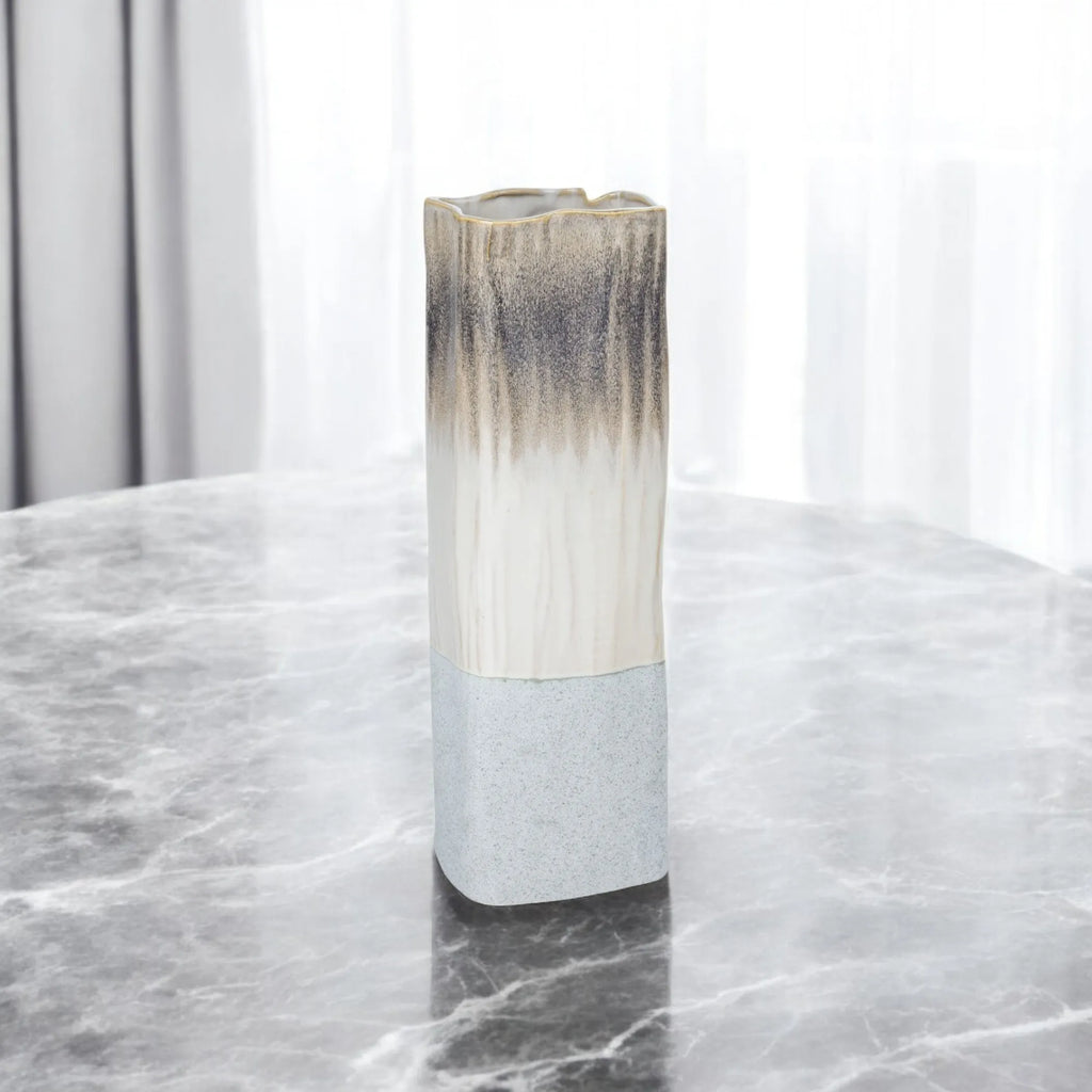 16" Brown Light Blue And Off White Color Block Square Ceramic Table Vase