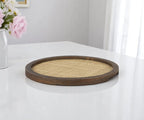 16" Brown And Natural Solid Wood And Wicker Handmade Round Serving Tray