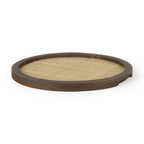 16" Brown And Natural Solid Wood And Wicker Handmade Round Serving Tray