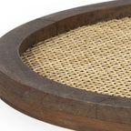 16" Brown And Natural Solid Wood And Wicker Handmade Round Serving Tray
