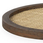 16" Brown And Natural Solid Wood And Wicker Handmade Round Serving Tray