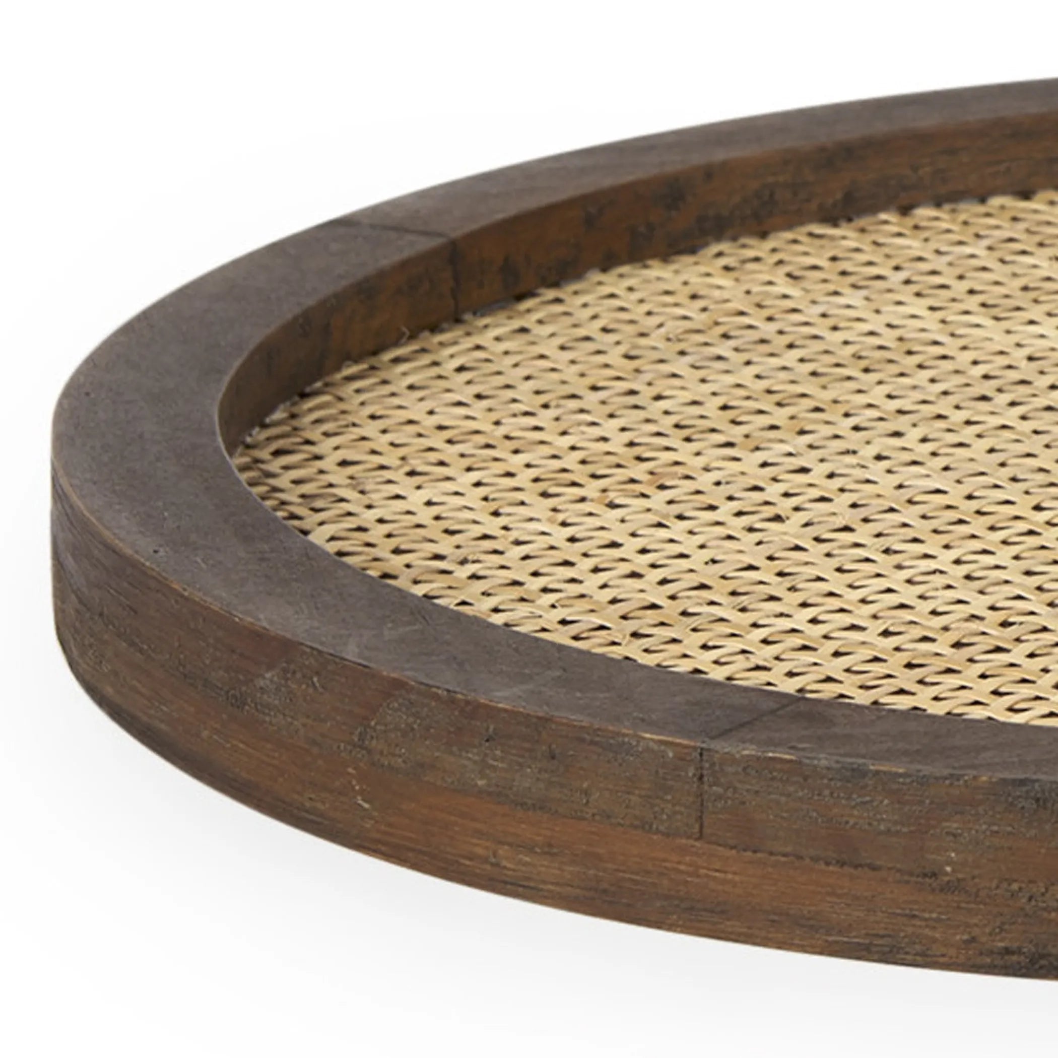 16" Brown And Natural Solid Wood And Wicker Handmade Round Serving Tray