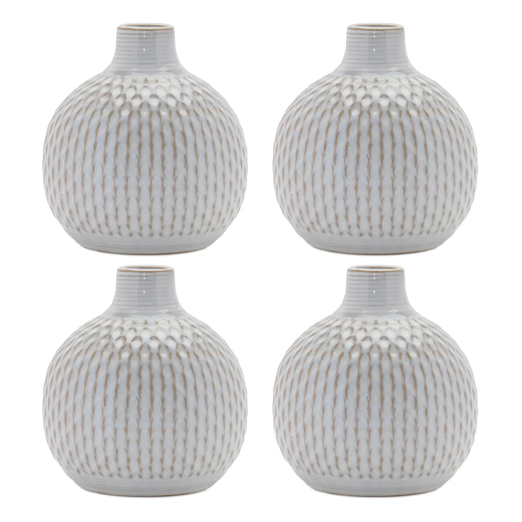Set of Four Natural And Off White Ceramic Bud Vases With Sculptural Details