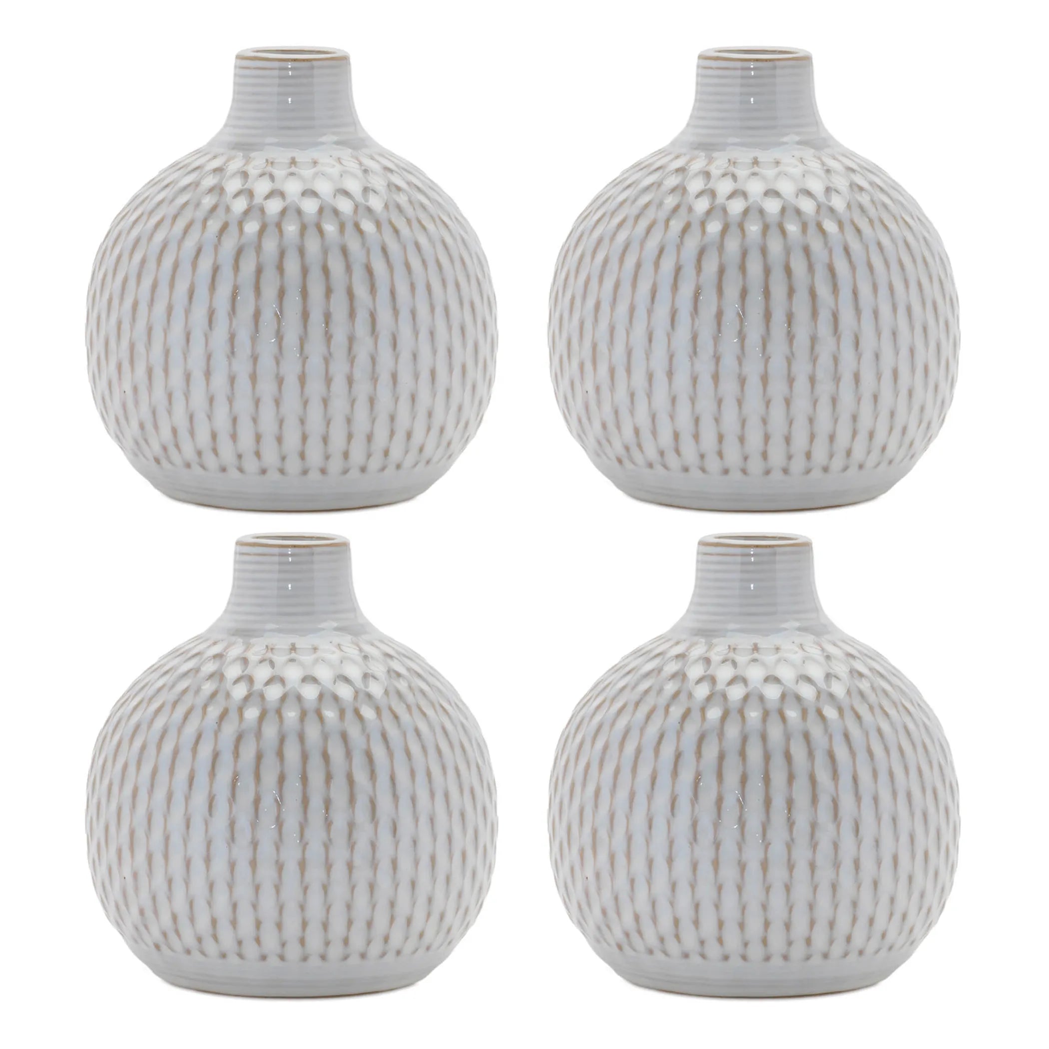 Set of Four Natural And Off White Ceramic Bud Vases With Sculptural Details
