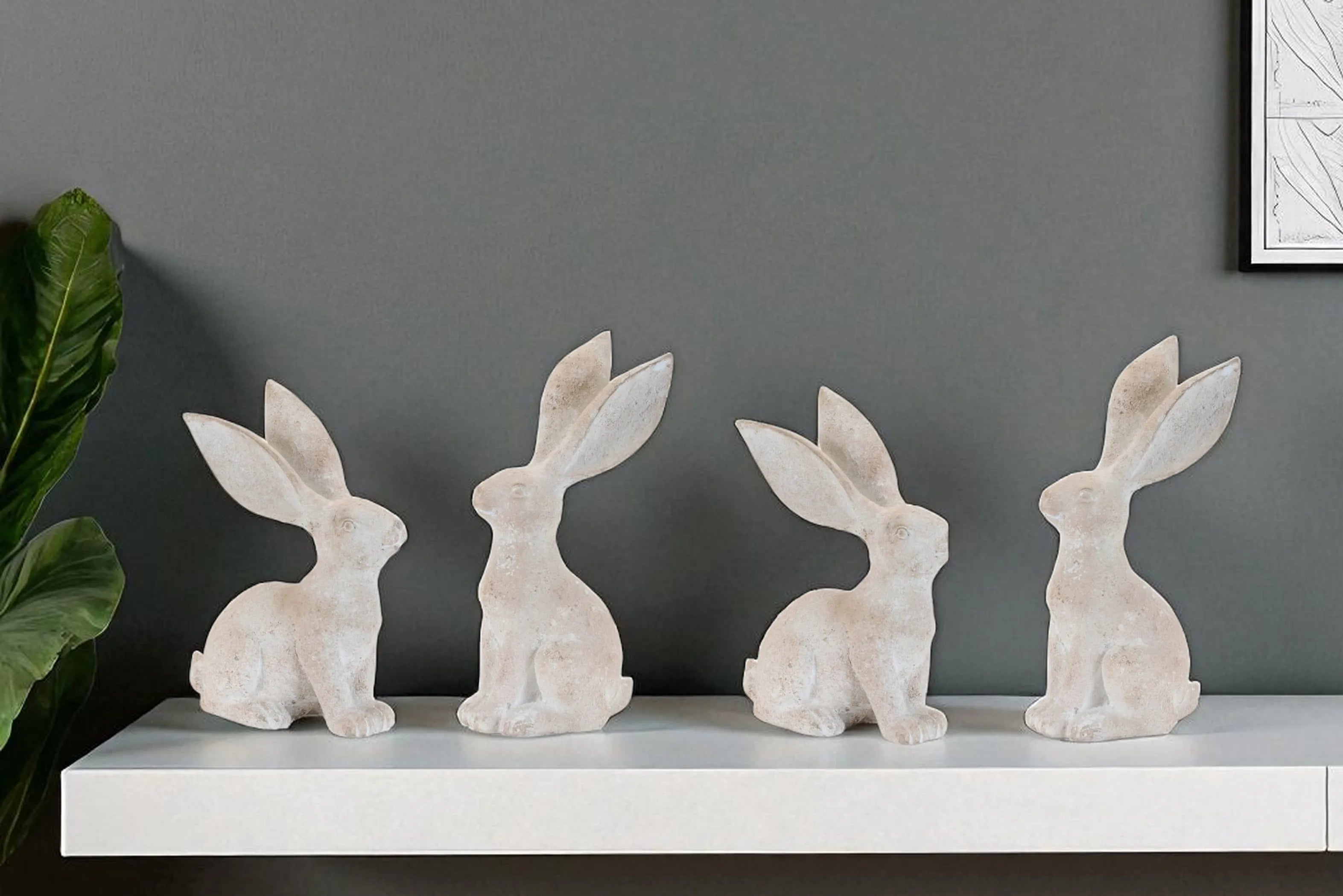 Set Of Four Beige Polyresin Rabbit Figurines With Whitewash Finish For Woodland Style Decor