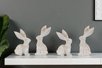 Set Of Four Beige Polyresin Rabbit Figurines With Whitewash Finish For Woodland Style Decor