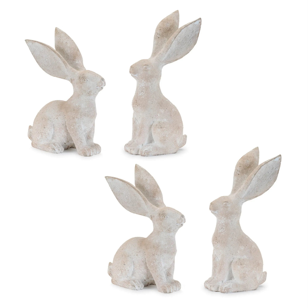 Set Of Four Beige Polyresin Rabbit Figurines With Whitewash Finish For Woodland Style Decor