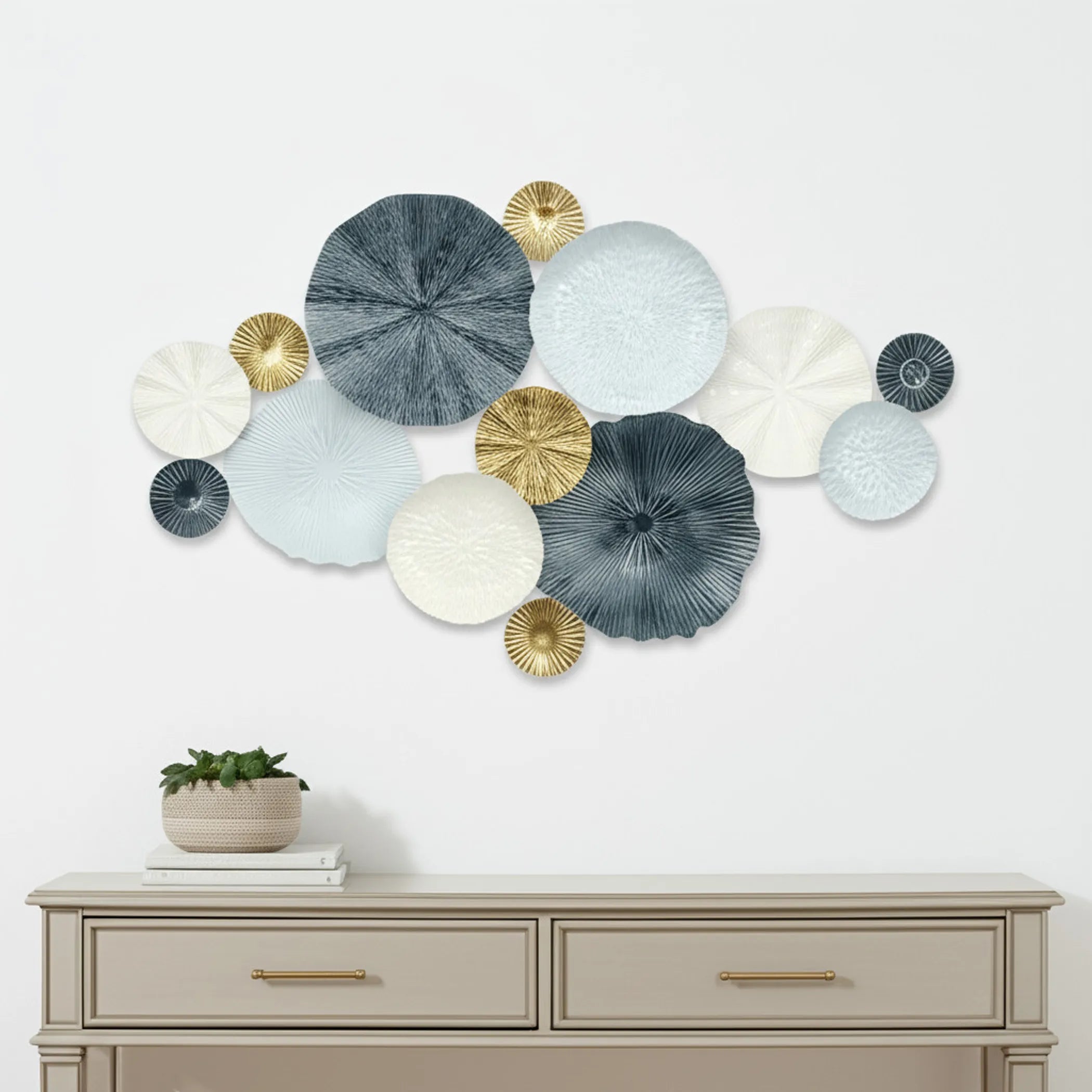 25" X 41" Blue Metal Abstract Geometric Round Discs Hanging Dimensional Sculpture