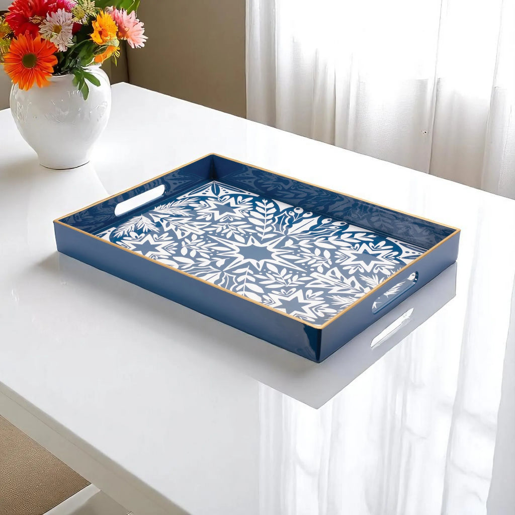 16" Blue And White Geometric Star And Trees Serving Tray With Handles