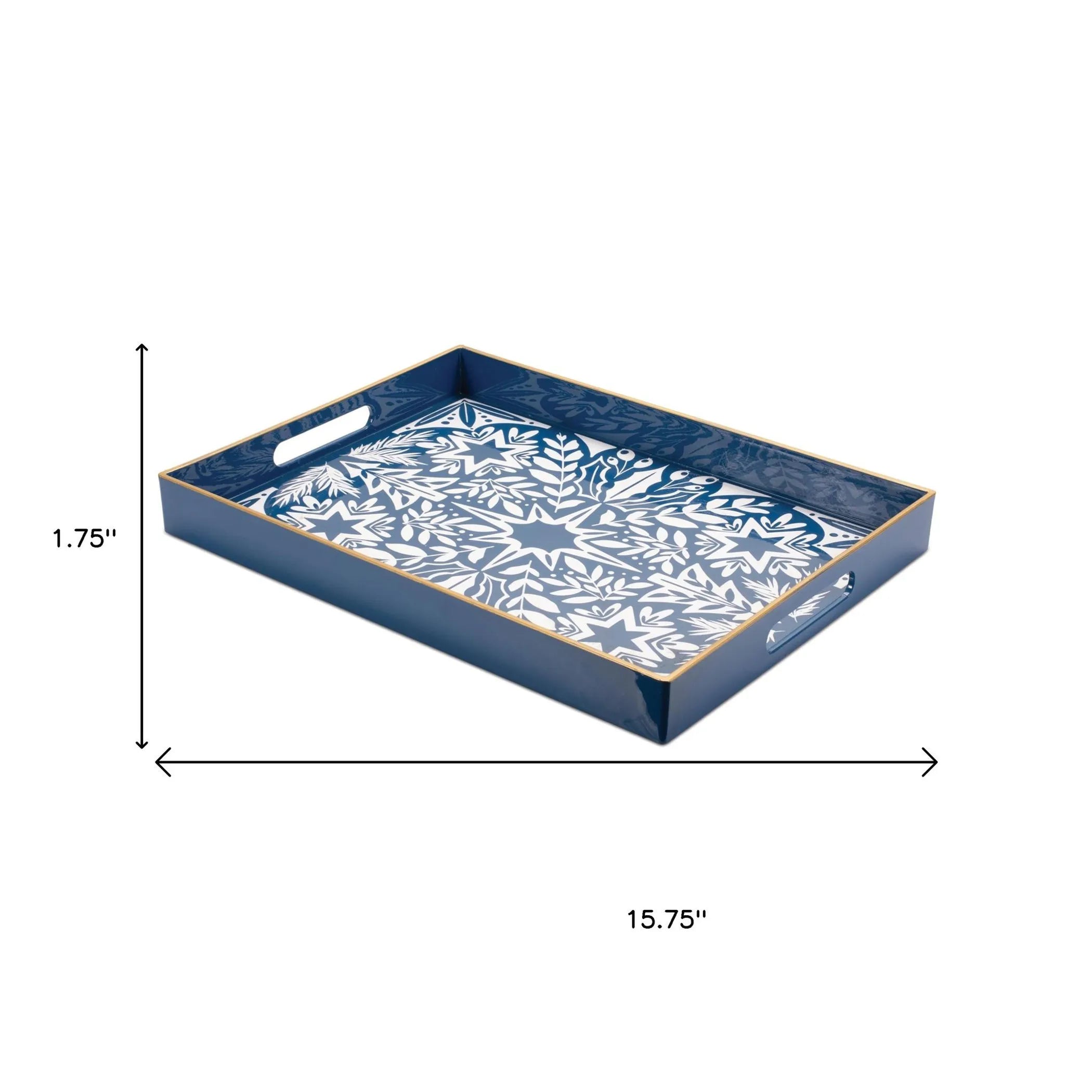 16" Blue And White Geometric Star And Trees Serving Tray With Handles