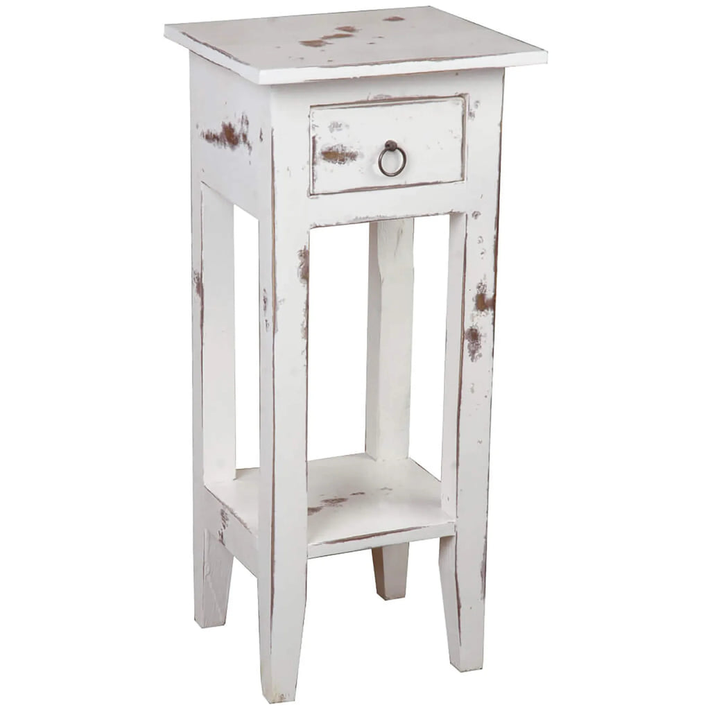 Sunset Trading Cottage Narrow Side End Table | Heavy Distressed White Solid Wood | Fully Assembled Small Nightstand