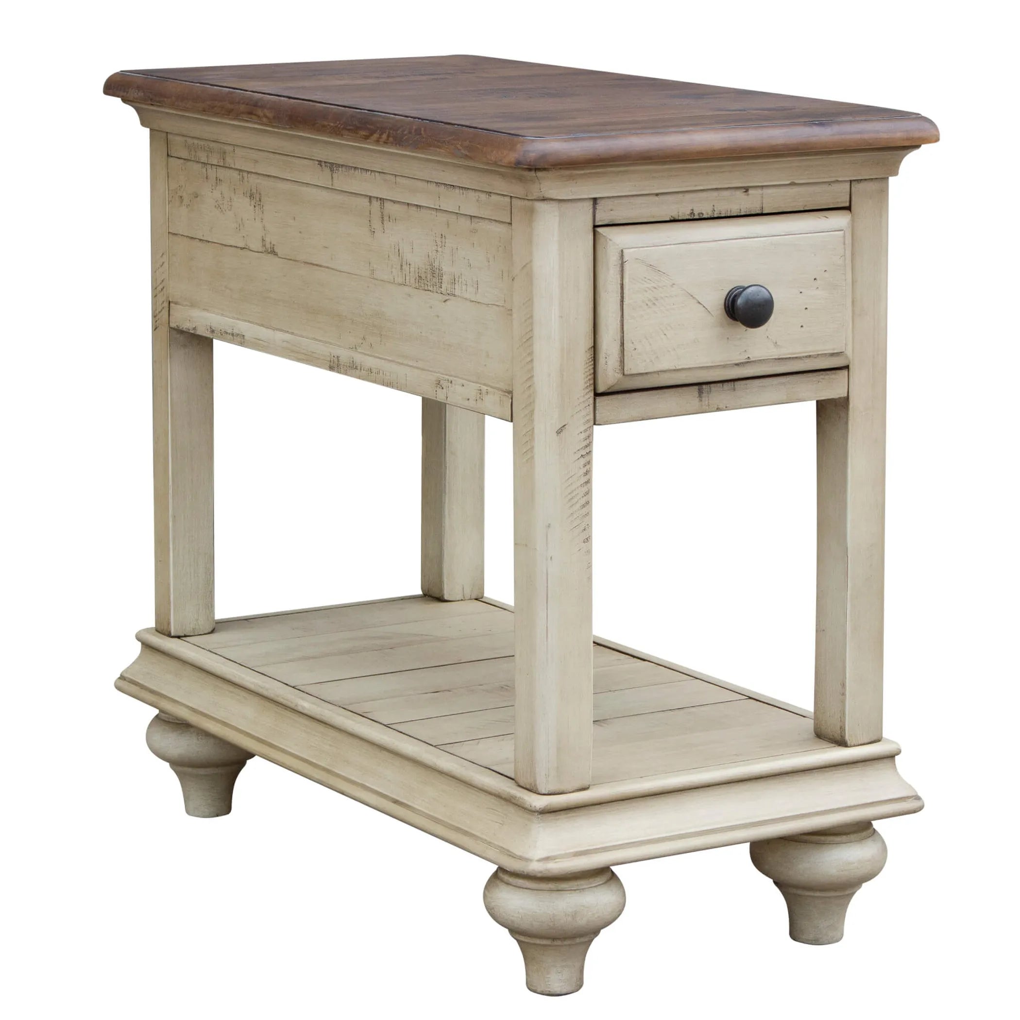 Sunset Trading Shades of Sand End Table | Fully Assembled | Narrow Nightstand | Drawer Shelf | Cream/Walnut Brown Solid Wood