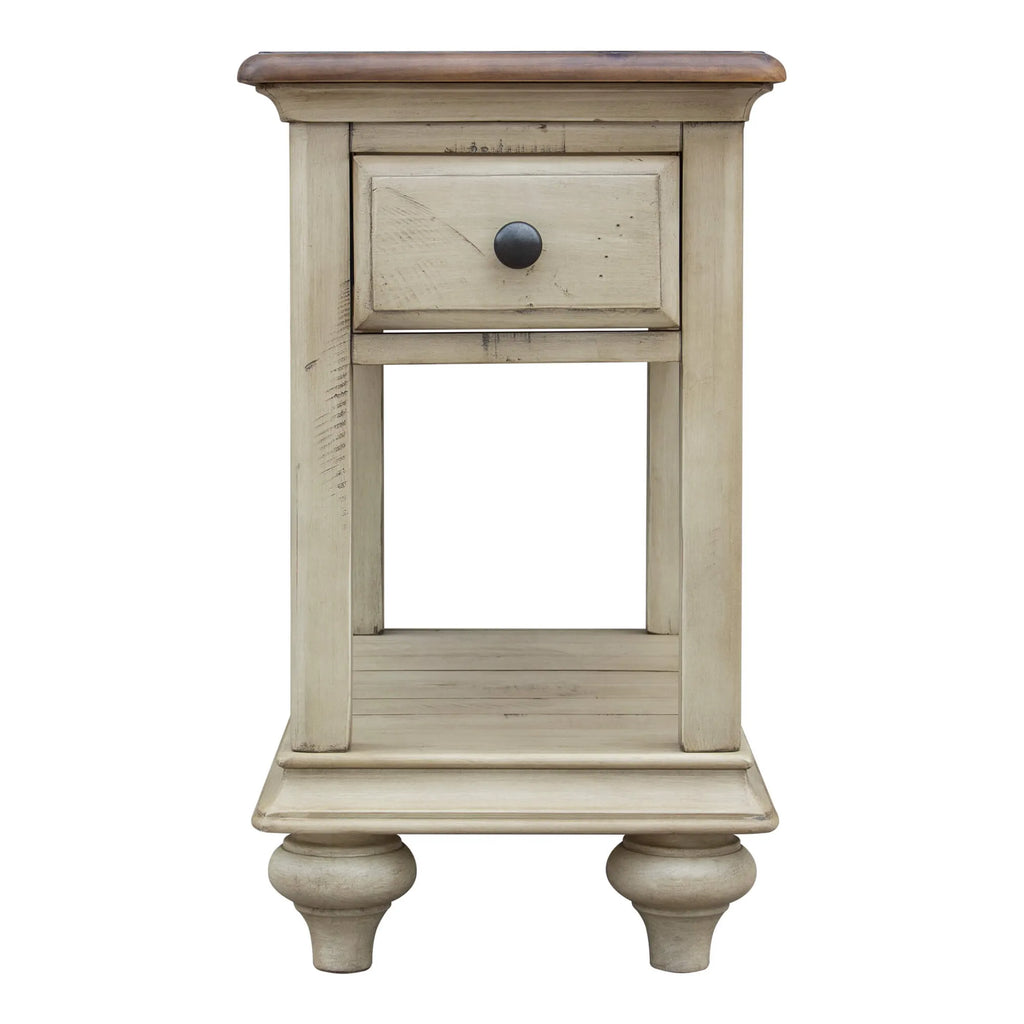Sunset Trading Shades of Sand End Table | Fully Assembled | Narrow Nightstand | Drawer Shelf | Cream/Walnut Brown Solid Wood