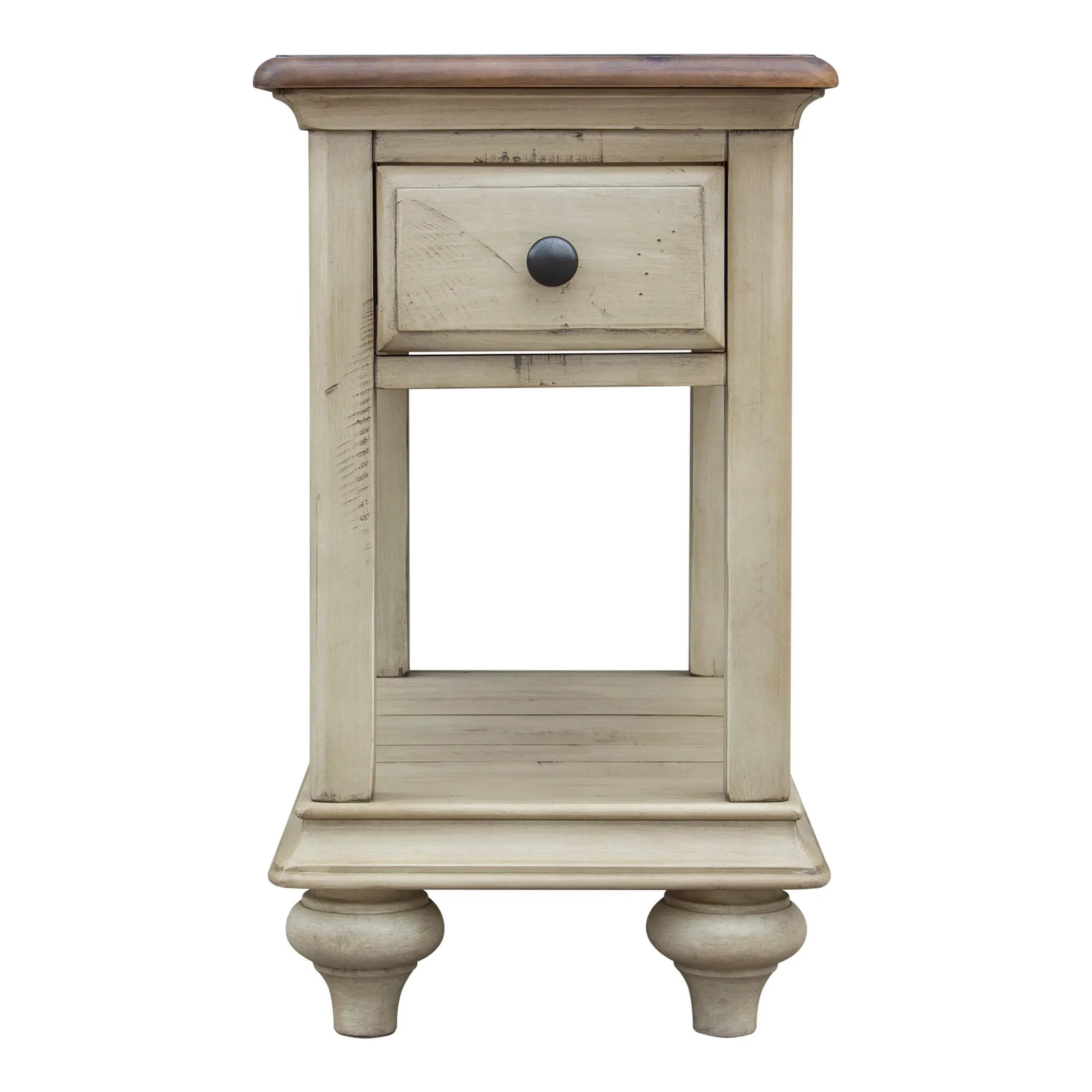 Sunset Trading Shades of Sand End Table | Fully Assembled | Narrow Nightstand | Drawer Shelf | Cream/Walnut Brown Solid Wood