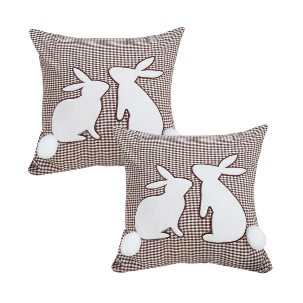 Brown Gingham Bunny Pillowcase Set Of 2 With Pom Pom Tails For Spring And Easter Decor