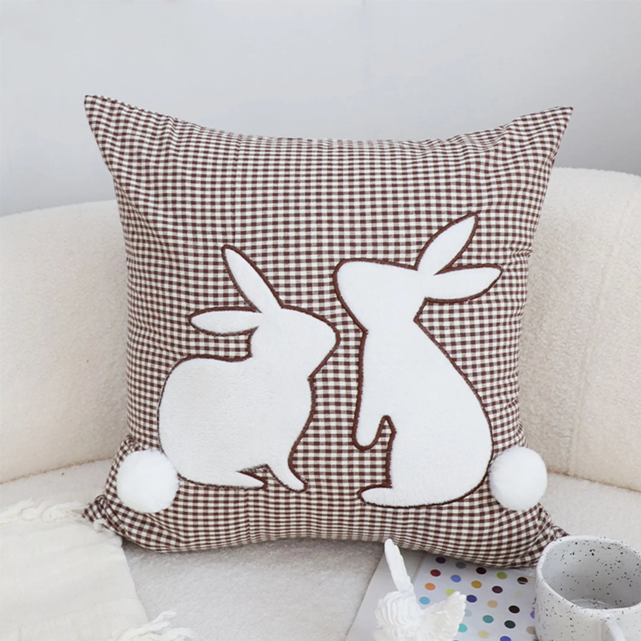 Brown Gingham Bunny Pillowcase Set Of 2 With Pom Pom Tails For Spring And Easter Decor