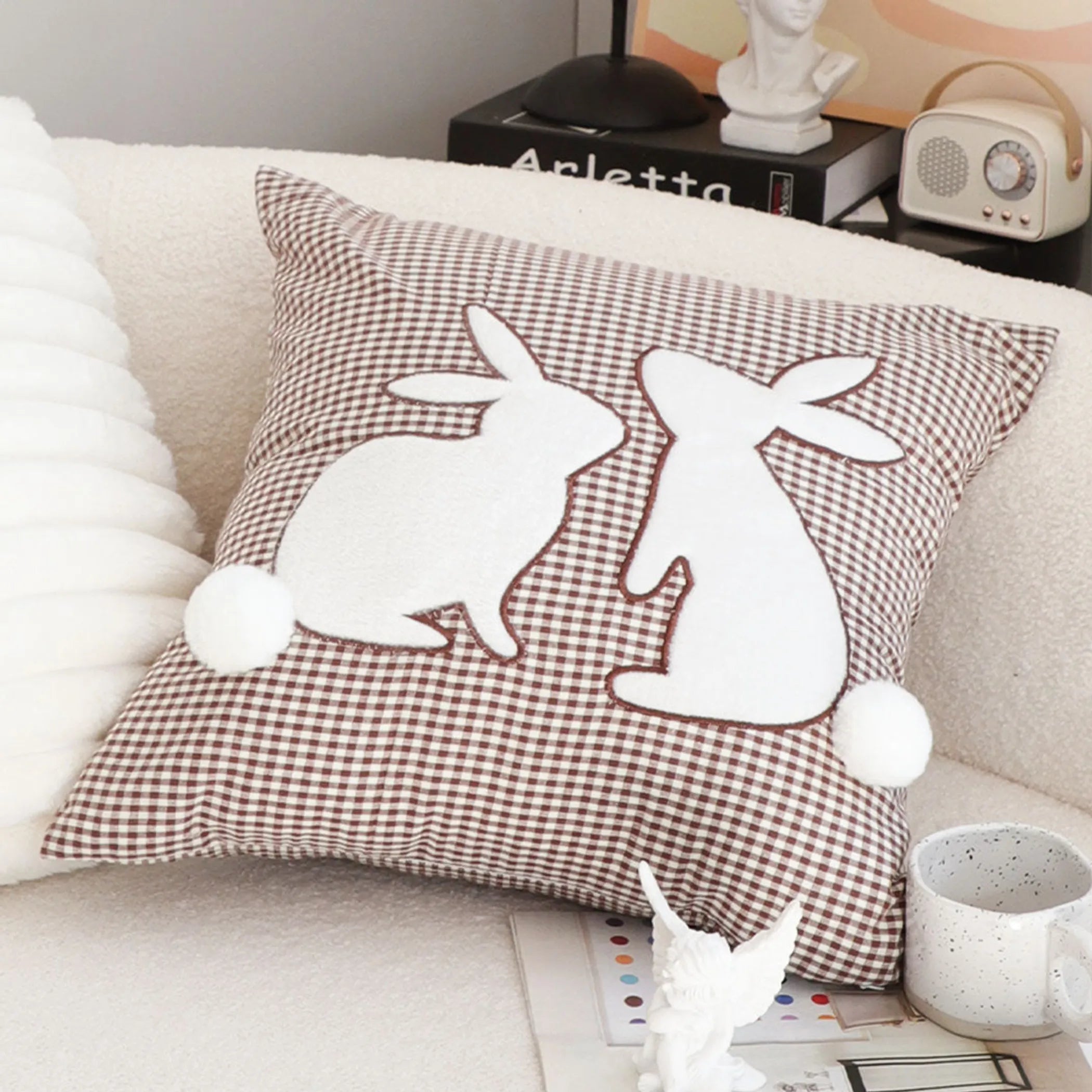 Brown Gingham Bunny Pillowcase Set Of 2 With Pom Pom Tails For Spring And Easter Decor