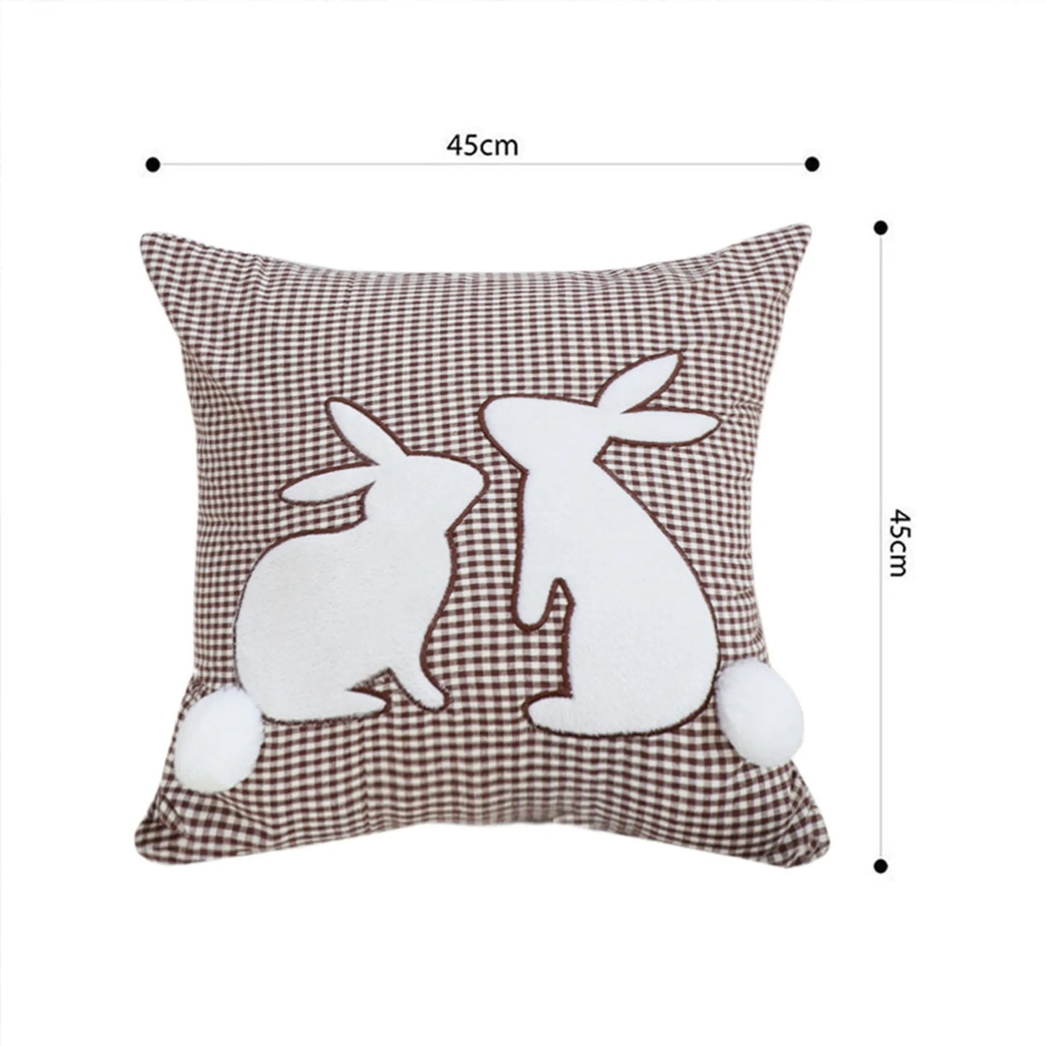 Brown Gingham Bunny Pillowcase Set Of 2 With Pom Pom Tails For Spring And Easter Decor