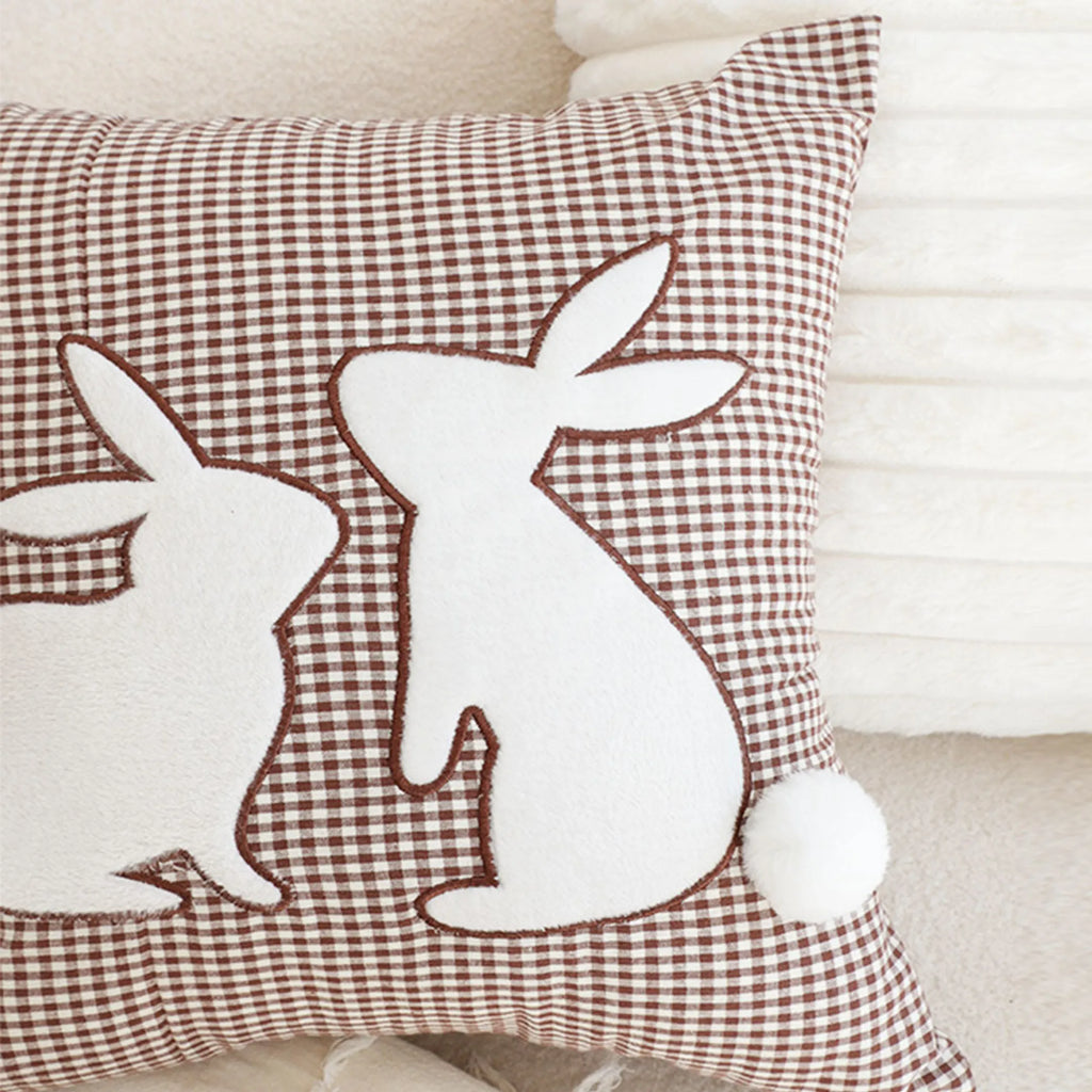 Brown Gingham Bunny Pillowcase Set Of 2 With Pom Pom Tails For Spring And Easter Decor