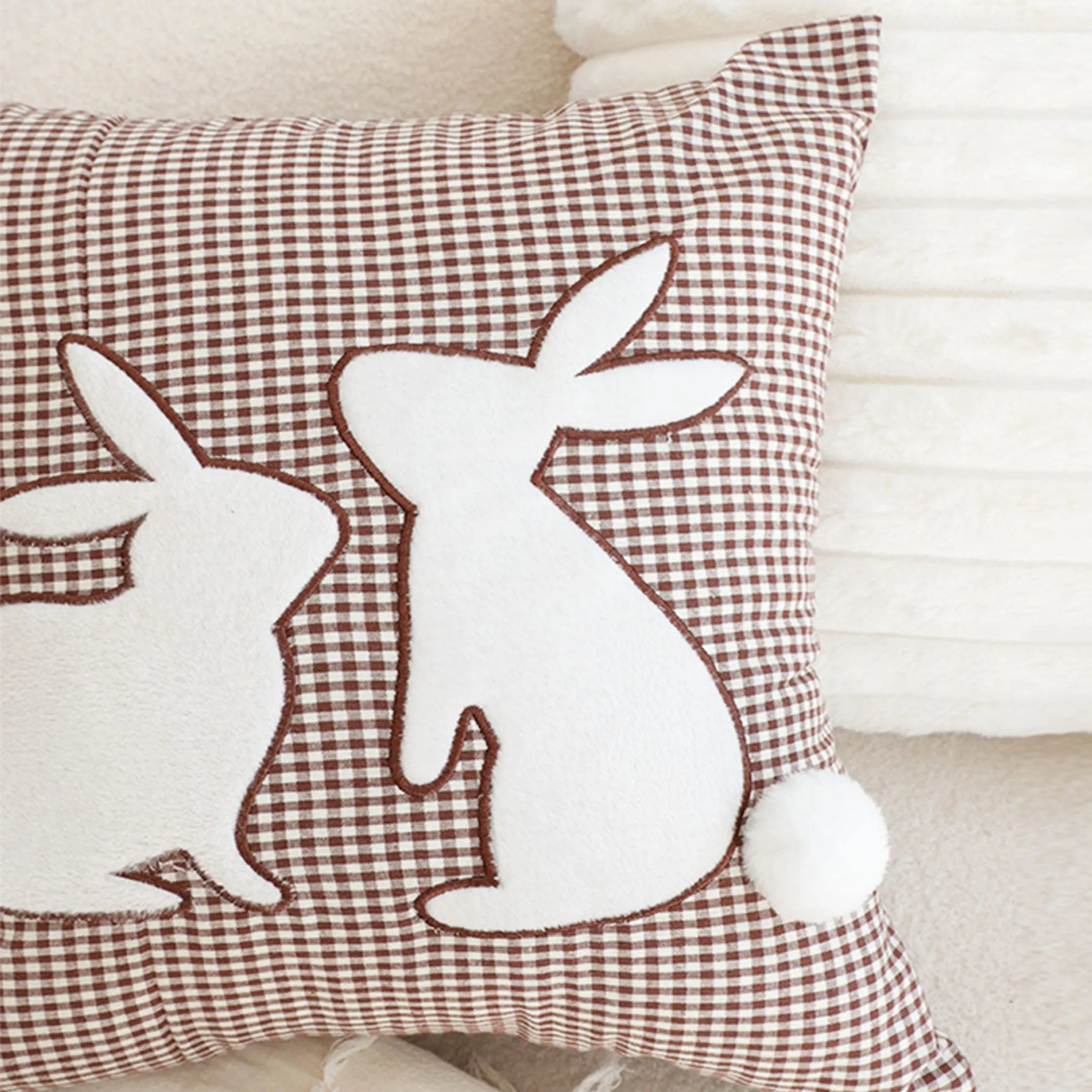 Brown Gingham Bunny Pillowcase Set Of 2 With Pom Pom Tails For Spring And Easter Decor