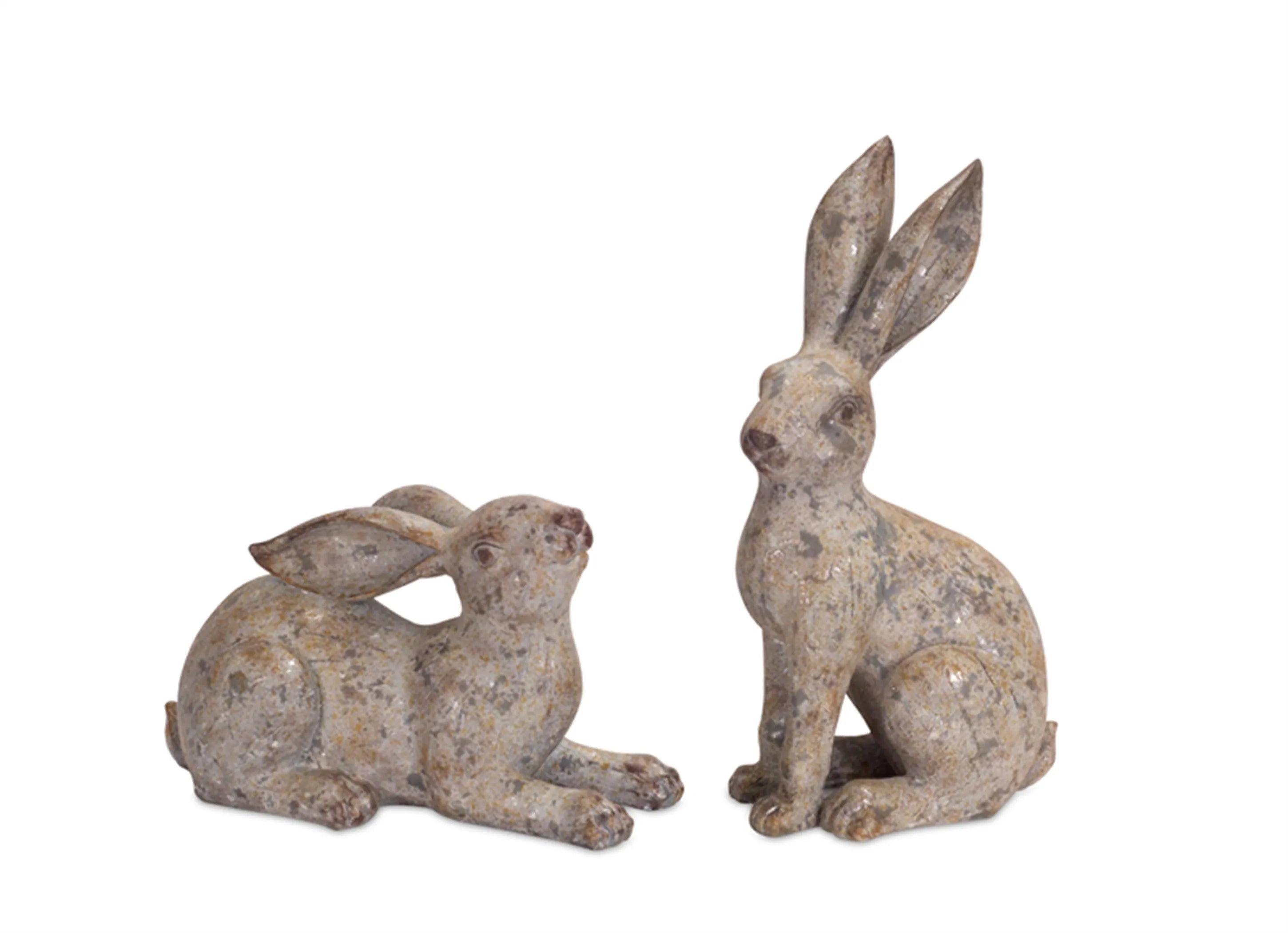 Set Of 2 Rustic Rabbit Figurines Polystone Resin 7 Inch And 14 Inch Garden Decor Brown And Grey