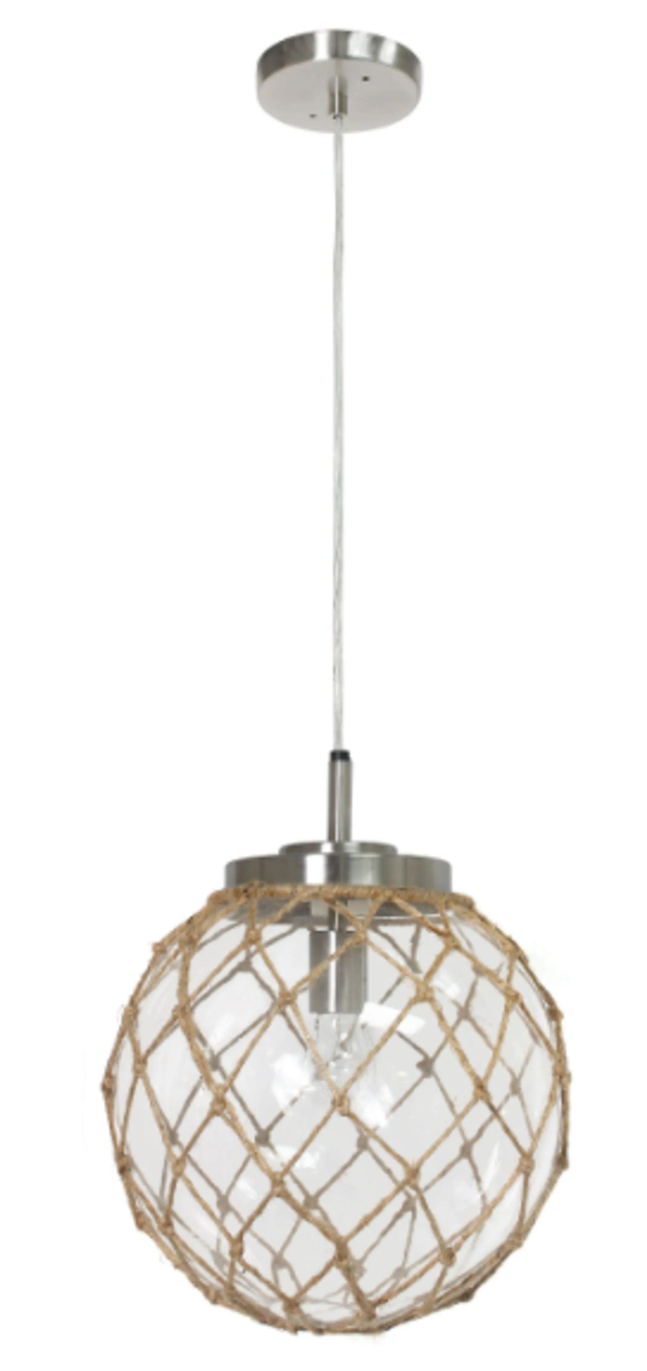 Elegant Designs Buoy Netted Brushed Nickel Coastal Ocean Sea Glass Pendant with Natural Rope