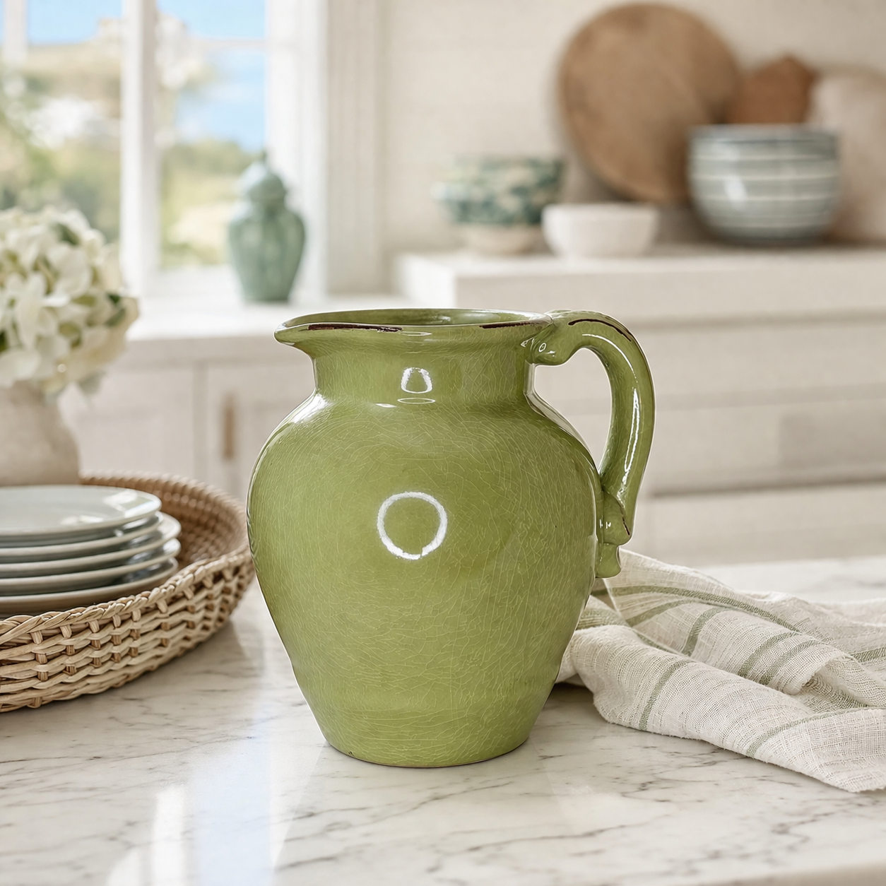 Green Coastal Ceramic Pitcher Vase – 7.5"