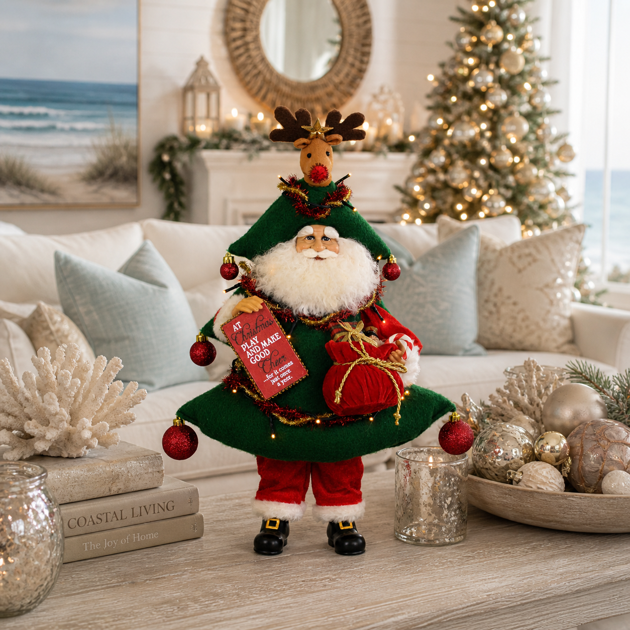 Decorative Santa Claus figure with reindeer antlers in a festive living room.