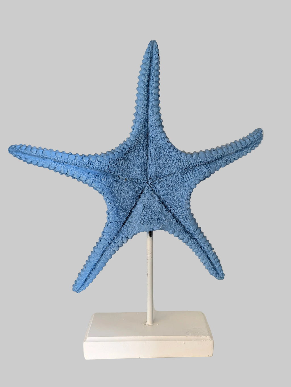 Blue starfish on a stand against a white background